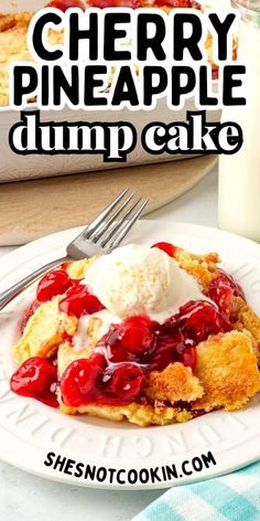 cherry pineapple dump cake on a white plate with a fork and glass of milk