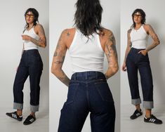 "Era: 1980's/90's Tag: Rustler -Best Indigo denim. -High rise fit -Pinned on model. Waist: 16\" Length: 42\" Rise: 11.5\" Hips: 21\" Inseam: 30\" Fabric: denim In excellent condition - no flaws to note. ● Model is 5'7\" / bust: 34\" / waist: 25\" / hips: 38\"" Dark Denim Jeans Outfit, Menswear Women, Money Clothes, Find Style, Lesbian Fashion, Ideal Wardrobe, Indigo Jeans, Queer Fashion, 90s Jeans