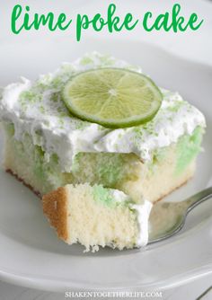 a lime poke cake on a white plate with a fork in the foreground and text overlay that reads lime poke cake