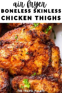 grilled chicken thighs on a white plate with text overlay