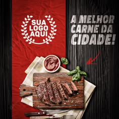 steaks and sauce on a cutting board next to a red napkin with the words sua log aou carane da crudie