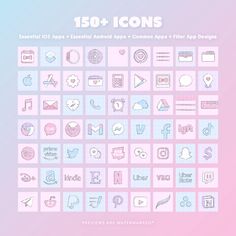 the cover of 150 + icons with pastel colors and pink, blue, and white