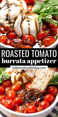 roasted tomato and burrito appetizer in a white bowl with text overlay