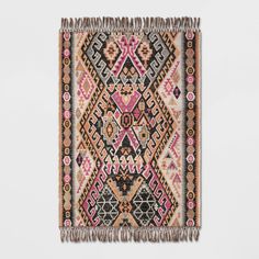 a multicolored rug with fringes on it