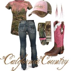 Pink cowgirl outfit...love it!!! This is so me! :)  [ Wow! Those pink boots would make such a great book!  . . .  now I'm hooked ] Camo Outfits For Women, California Country, Camo Clothes, Boots Jeans, Camo Outfits