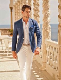 40 Arresting Blue Outfits For Men | Dark Blue, Dark And Beach in Mens Beach Wedding Fashion Summer Wedding Attire, Cocktail Party Outfit, Mens Fashion Blog, Summer Wedding Outfits, Sharp Dressed Man, Men Beach, Summer Suits, Groom Attire, Wedding Suits Men