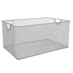 a white wire basket with handles on the top and bottom, in front of a white background