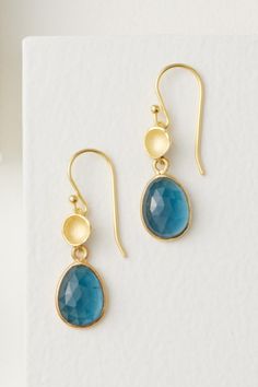 Gold, Silver & Stone Earrings - These luxe drop earrings display bezel-set, rose-cut London Blue topaz stones suspended from 18 gold vermeil components and ear wires. Gold Drop Earrings With Blue Topaz, Gold Teardrop Blue Topaz Earrings, Earrings Display, Sarah Richardson, Unique Handcrafted Jewelry, Blue Topaz Stone, Earring Display, London Blue Topaz, Dream Jewelry