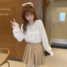 Casual Lolita Long Sleeve Shirt with Lace Peter Pan Collar, lace accents and bow decoration on sleeves. One Size Shoulder: 39cm Bust: 93cm Length: 58cm Sleeve: 57cm Material: Polyester Shirt With Lace, Mori Girl Fashion, Cottagecore Fashion, Soft Girl Aesthetic, Mori Girl, J Fashion, Lolita Dress, Gothic Lolita, Pan Collar