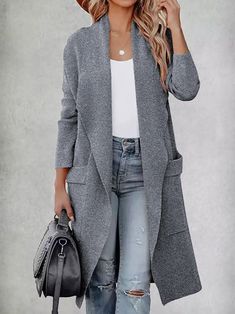 Buy Inexpensive Other Coat at JustFashionNow online store, SPU: 21NOT8MB756, Color: Gray, Material:Woolen, Silhouette:H-Line. Commuter Style, Elegant Blazers, Gilet Long, Winter Cardigan, Simply Chic, Knitted Coat, Outfit Casual, Sleeves Pattern, Cardigan Jacket