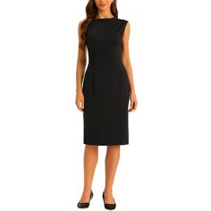 Business Casual Dress for Women's Stand Collar Sleeveless Knee Length Sheath Dress  With its sheath silhouette, this dress can be dressed up or down depending on the occasion and provides a comfortable and_ flattering fit. Size----------Total Length----------Shoulder Width----------Chest Girth----------Waist Girth----------Hip Girth XS----------------40.3---------------13.8-----------------34.6--------------27.6-------------37.8 S------------------40.7---------------14.2-----------------36.2---- Sleeveless Midi Dress For Office, Fitted Sleeveless Office Dress, Bodycon Sleeveless Workwear Dress, Sleeveless Bodycon Midi Dress For Office, Sleeveless Black Bodycon Dress For Work, Black Sleeveless Bodycon Dress For Work, Black Sleeveless Knee-length Dress For Work, Black Sleeveless Sheath Dress For Work, Black Sleeveless Bodycon Office Dress