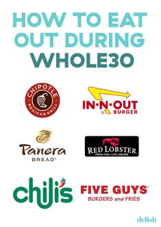 an advertisement with different types of food and words that read how to eat out during whole 30