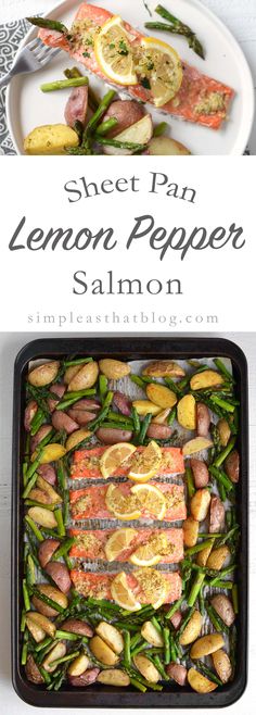 sheet pan lemon pepper salmon with asparagus and potatoes on a white tablecloth