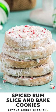 there is a stack of cookies with sprinkles on top and the words spiced rum slice and bake cookies above it