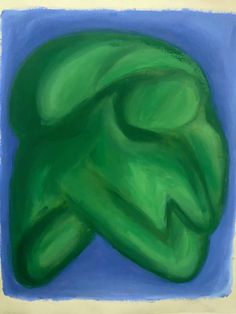 an abstract painting with green shapes on a blue background