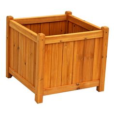 a wooden planter is shown against a white background