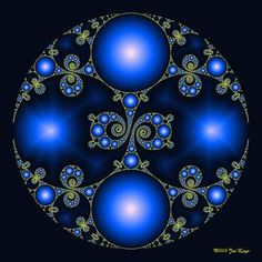 an abstract blue and gold design with swirls on the center, surrounded by smaller circles