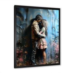 a painting of a couple kissing in front of a blue background