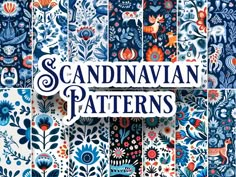 the cover of scandinavian patterns, with blue and orange flowers on white tiles in different colors