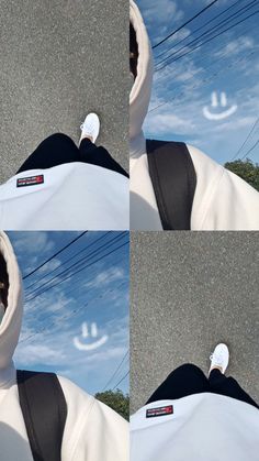 four images of a person wearing a white jacket and black pants, with the hood up