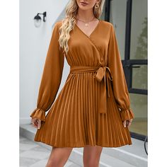 Ginger V Neck Long Sleeve Pleated Mini Dress with Belt Fall A-line Pleated Mini Dress, Fall Pleated A-line Mini Dress, Pleated V-neck Mini Dress For Fall, Fall V-neck Pleated Mini Dress, Fall Pleated V-neck Mini Dress, Pleated Knee-length Mini Dress For Fall, Fall Pleated Knee-length Mini Dress, Pleated Mini Dress For Fall, Solid Pleated Mini Dress For Fall