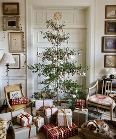 a christmas tree with presents under it in a living room