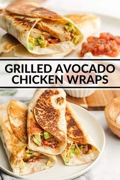 grilled avocado chicken wraps on a white plate with text overlay that reads grilled avocado chicken wraps