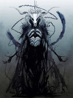 a drawing of a demon with horns and long hair