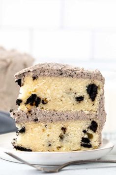 a close up of a slice of cake on a plate