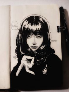 a black and white drawing of a girl with bangs holding her hand up to her face