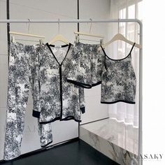 Lasaky - Long-Sleeve Fashionable Ink Painting Thin 4-Piece Set Pajamas for Home Wear Spring Pajamas, Women Loungewear, Homecoming Outfit, Silk Pajamas Women, Nightgown Sets, Sleepwear For Women, Vellum Paper, Fashion Catalogue, Sleepwear Sets