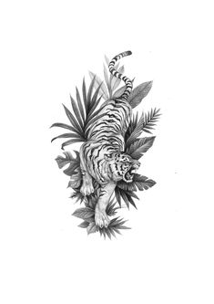 a black and white drawing of a tiger in the jungle with leaves on it's back