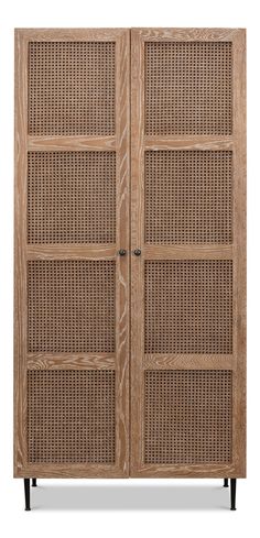 a wooden cabinet with wicker doors on the front and side panels, against a white background