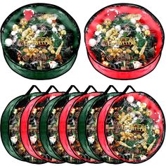 a set of four plates with christmas decorations on them