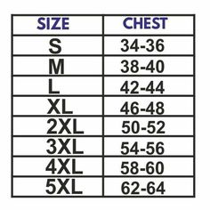 size chart for the chest and chest