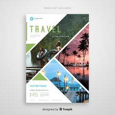 a travel brochure is shown with photos and text on the front, along with an image of palm trees