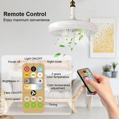 the remote control is connected to an appliance in this living room, and it's being used as a ceiling fan