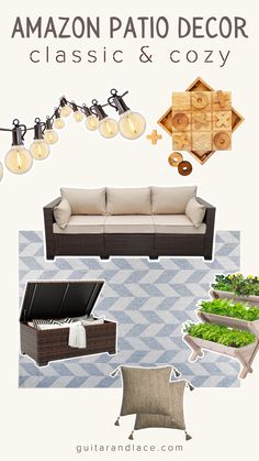 patio decor ideas with bistro lights Small Patio Spaces, Decor From Amazon, Small Patio Decor, Patio Decor Ideas, Bistro Lights, Summer Patio, Cozy Patio, Small Porches, Patio Sectional