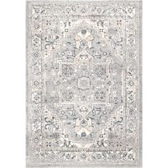 a gray and white rug with an ornate design