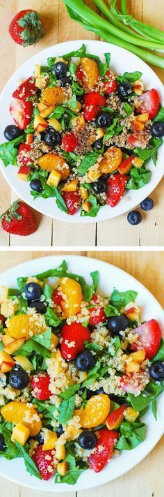 two plates with different types of food on them, one has blueberries and the other has strawberries