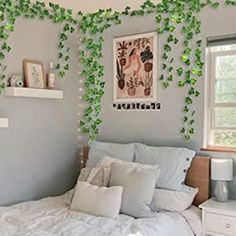 a bedroom with ivy growing on the walls