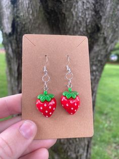 Novelty strawberry earrings for fun! Cute Red Earrings With Fruit Design, Cute Strawberry Print Earrings For Gifts, Trendy Strawberry Print Jewelry Gift, Trendy Strawberry Print Jewelry As Gift, Casual Red Nickel-free Earrings, Cute Dangle Earrings With Fruit Design, Cute Red Strawberry Print Earrings, Casual Jewelry With Fruit Design For Gifts, Casual Fruit Design Jewelry Gift