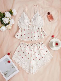 Faux Silk Cherry Lace Camisole And Shorts Sleepwear Set, Sexy Multicolor Sexy    Fruit&Vegetable Short Sets Non-Stretch All Women Sleep & Lounge, size features are:Bust: ,Length: ,Sleeve Length: Clothes Sleep, Lace Pajamas, Shorts Sleepwear, Tie Waist Pants, Satin Camisole, Floral Pajamas