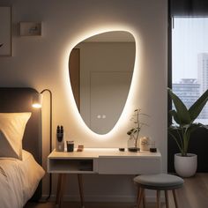 a bedroom with a large mirror on the wall next to a white bed and small stool