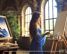 a woman standing in front of an easel holding a paintbrush and looking at a painting