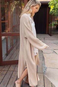 KNITTED CARDIGAN MAXI LENGTH SWEATER TYPE FABRIC SIDE SLITS THICK RIBBING DETAIL Chunky Knit Long Cardigan, Maxi Cardigan Outfit, Sweater Cardigan Outfit, Knit Long Cardigan, Cardigan Outfit, Maxi Cardigan, Cardigan Outfits, Long Sweaters Cardigan, Knitted Cardigan