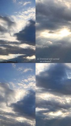 four different shots of clouds in the sky and one with a street light on it