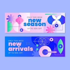 two colorful new season banners with abstract shapes and geometric designs on blue, pink and purple background