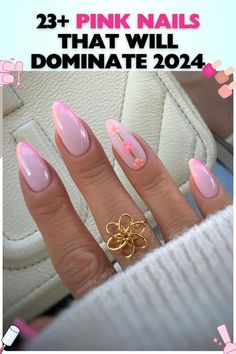 Almond-shaped aesthetic pink nails with a glossy ombre effect transitioning to a deeper pink, accented with a small flower, perfect for weddings, made with gel. Flower Nail Designs, Ombre Effect, Ombre Nails, Small Flowers