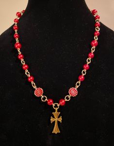 handmade cross necklace made with red beads and floral accents - 20.5 in. long (end to end) - gold chain Gold Necklace Cross, Handmade Beaded Necklace, Necklace Cross, Silver Heart Earrings, Handmade Beaded Necklaces, Red Beads, Gold Cross Pendant, Red Necklace, Necklace Beaded